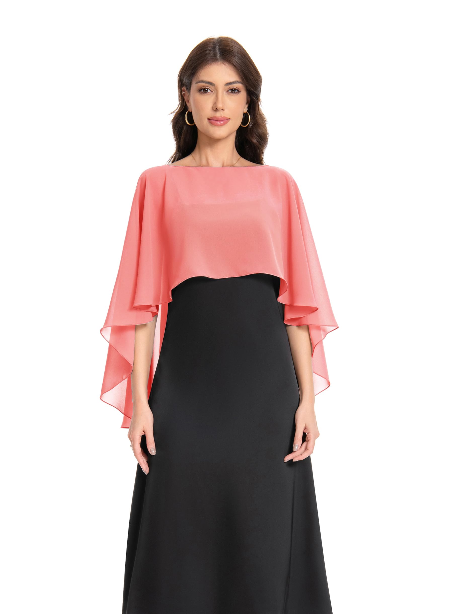 Baoqiya Women's Capelet Shawls and Wraps for Evening Dresses Soft Bridesmaid Shawl Chiffon Cape Wedding Cover Up, Coral, One Size