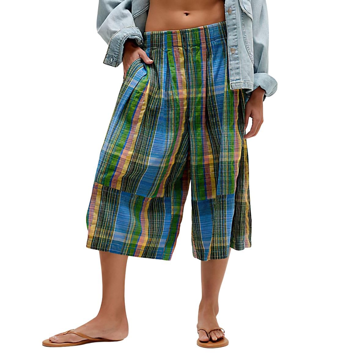 chouyatou Womens Retro Plaid Wide Leg Cropped Pants Y2k Baggy Culottes Capri Palazzo Pants with Pockets
