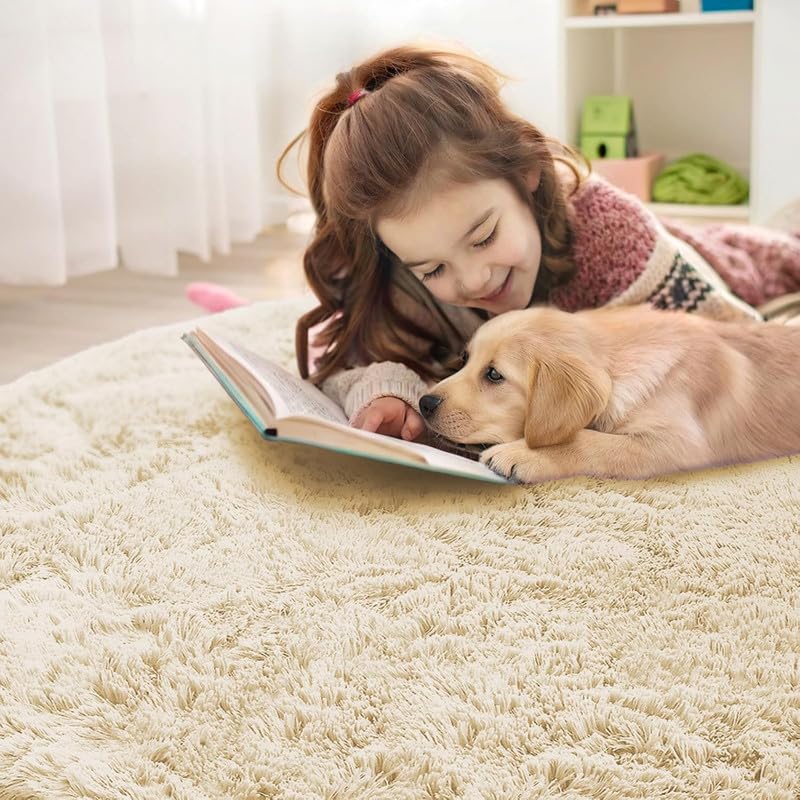Image of Plain Fur Rugs Bedroom Home Drawing Room Kitchen Rectangle 9x9 Feet Round Butter Cream