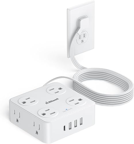 Regleta de alimentación de enchufe plano con USB C, cable de extensión plano de 6.5 pies, 8 salidas de CA y 4 USB (1 USB C), regleta de alimentación