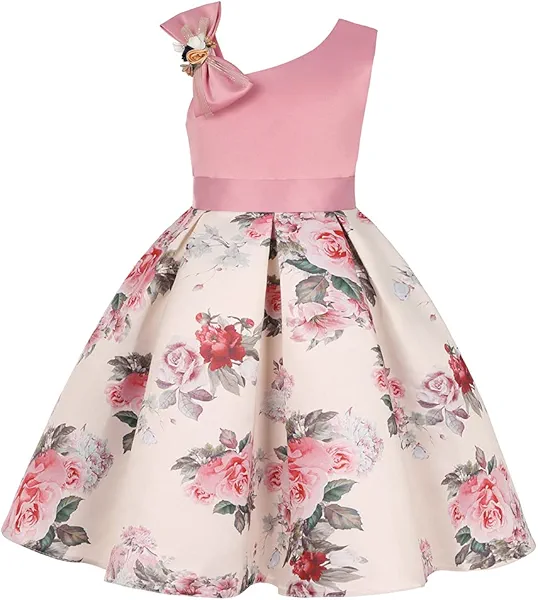 2-9T Girls Kids Striped Floral Ruffles Flower Dress Ball Gown Party Formal Dresses