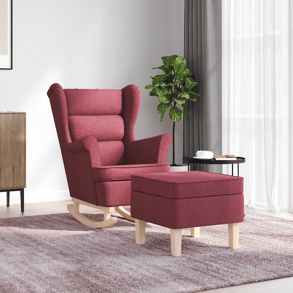 Schaukelstuhl mit Fußhocker Weinrot Stoff, komfortabler Relaxsessel gepolstert, moderner Loungesessel mit Massivholzbeinen für Wohnzimmer Schlafzimmer und Büro, 74 x 90 x 102 cm