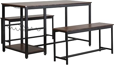 HOMCOM 3-Piece Dining Table Set for 4 with 2 Benches, Rectangular Dining Table and Chairs Set, Industrial Kitchen Table with 5-Bottle Wine Rack, Glass Holder and Storage Shelf, Rustic Brown