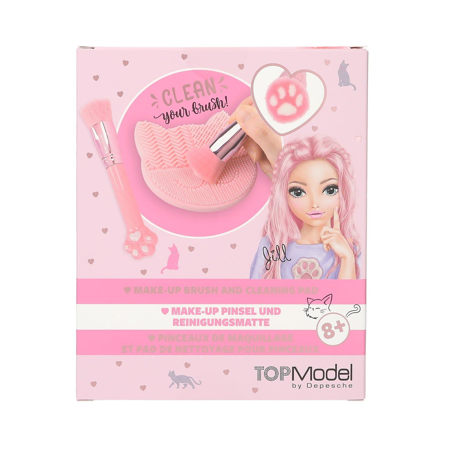 Depesche 13253 TOPModel Beauty and Me - zestaw kosmetyczny w kolorze różowym, z pędzlem do makijażu i matą do czyszczenia pędzla w kształcie kota