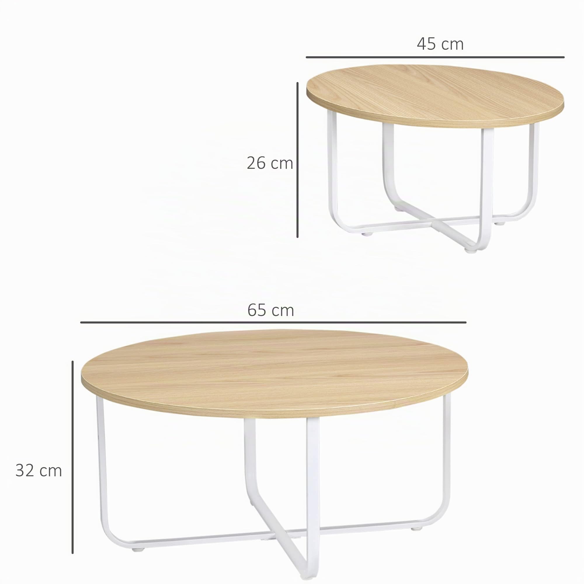 HOMCOM Juego de 2 Mesas de Centro Ø65x32 cm y Ø45x26 cm Natural y Blanco | Mesas de Salón Redondas, Encimera de Madera, Patas de Metal, para Domitorio