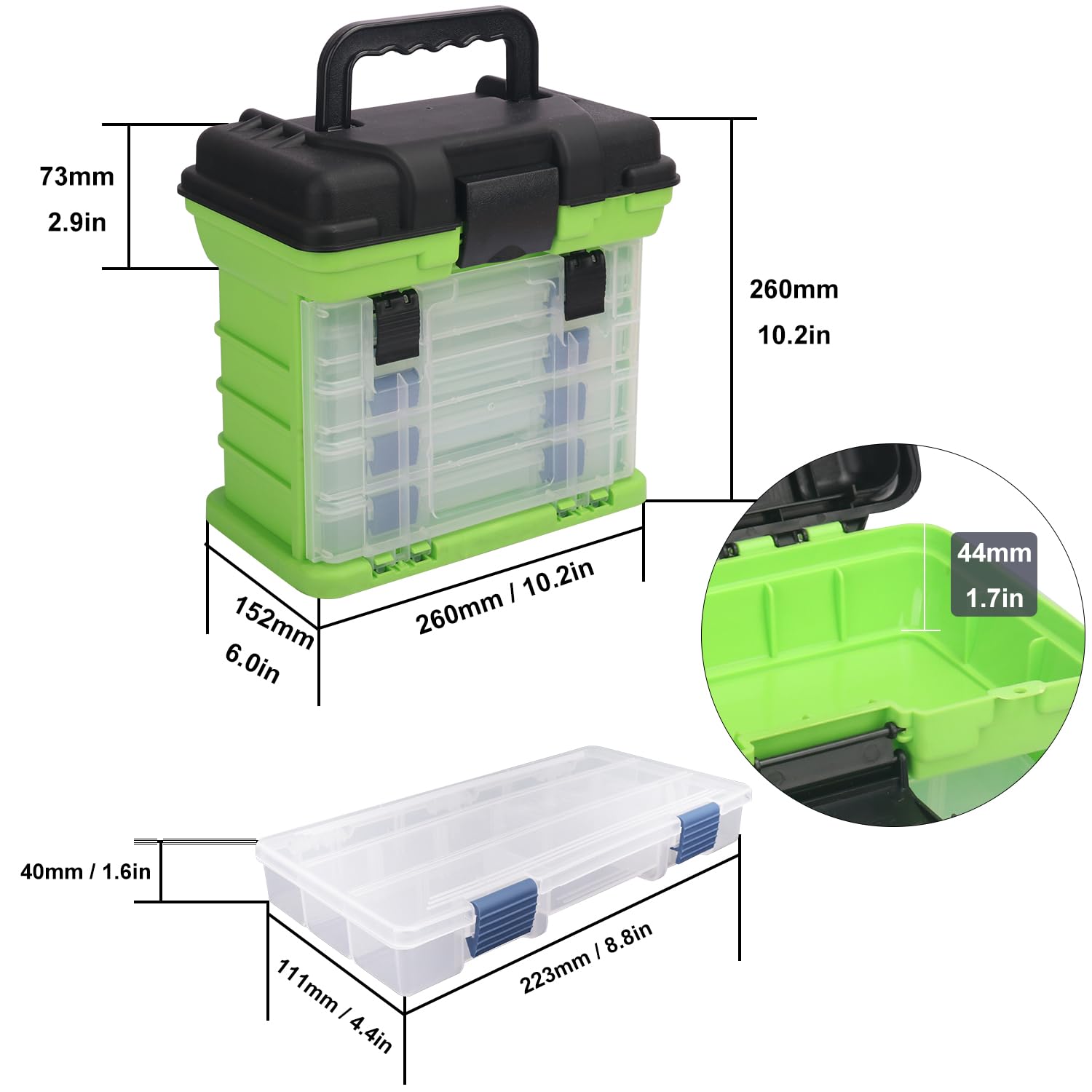 Caja de aparejos de pesca, caja de pesca de 4 capas, cajas de aparejos, almacenamiento superior de acceso rápido con tapa para equipo de pesca y accesorios, (verde) KUKLIPJIM