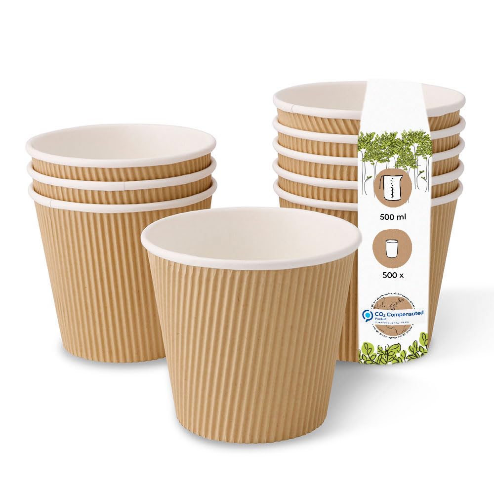 BIOZOYG Gobelet bio jetable à soupe vaisselle jetable soupe I Gobelet ondulé soupe carton kraft blanc/marron, non-blanchi I 500 Gobelets jetables compostables 500ml