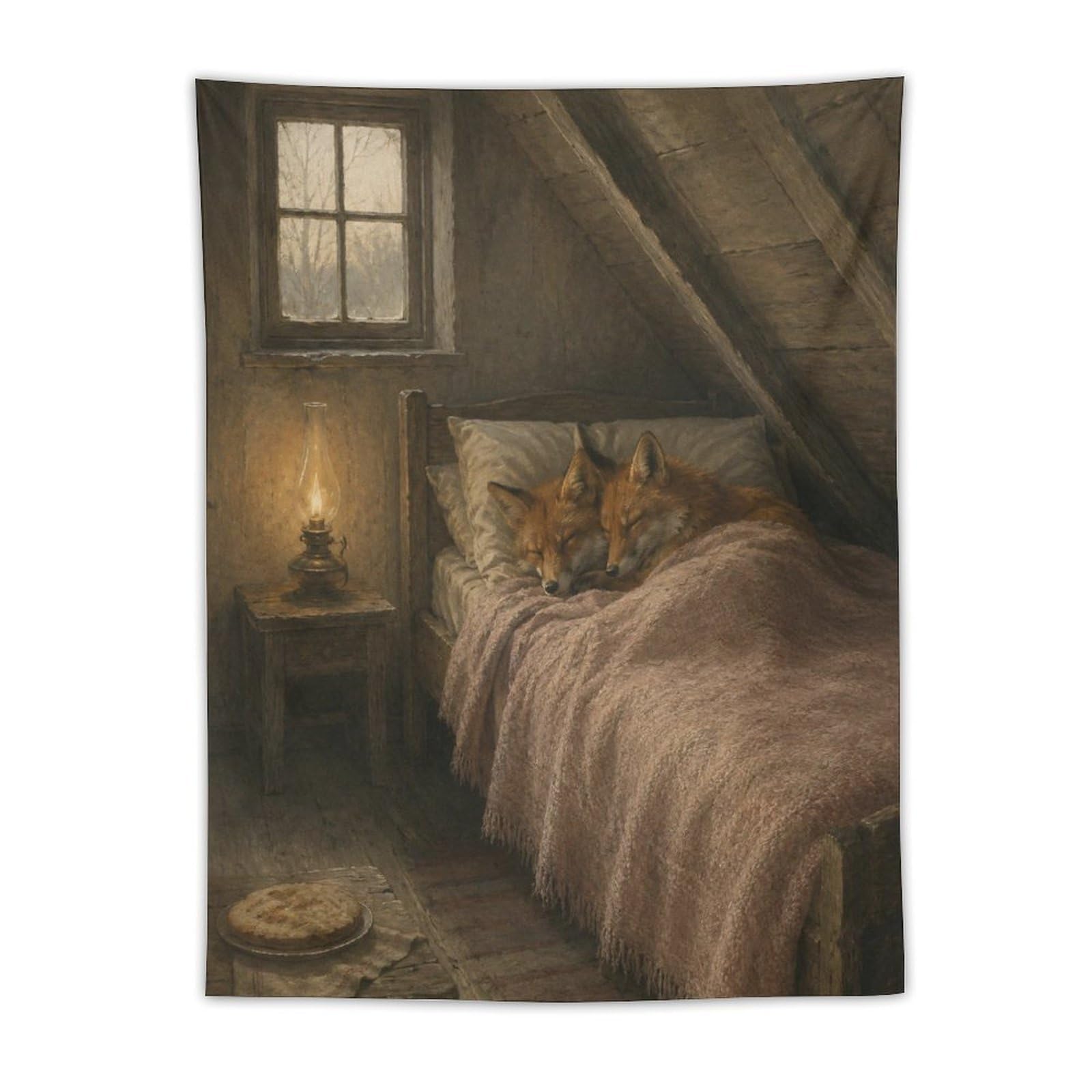 W7C8U2X3 fox Sleeping in Attic Bedroom Wall Tapestry, Cozy Room
