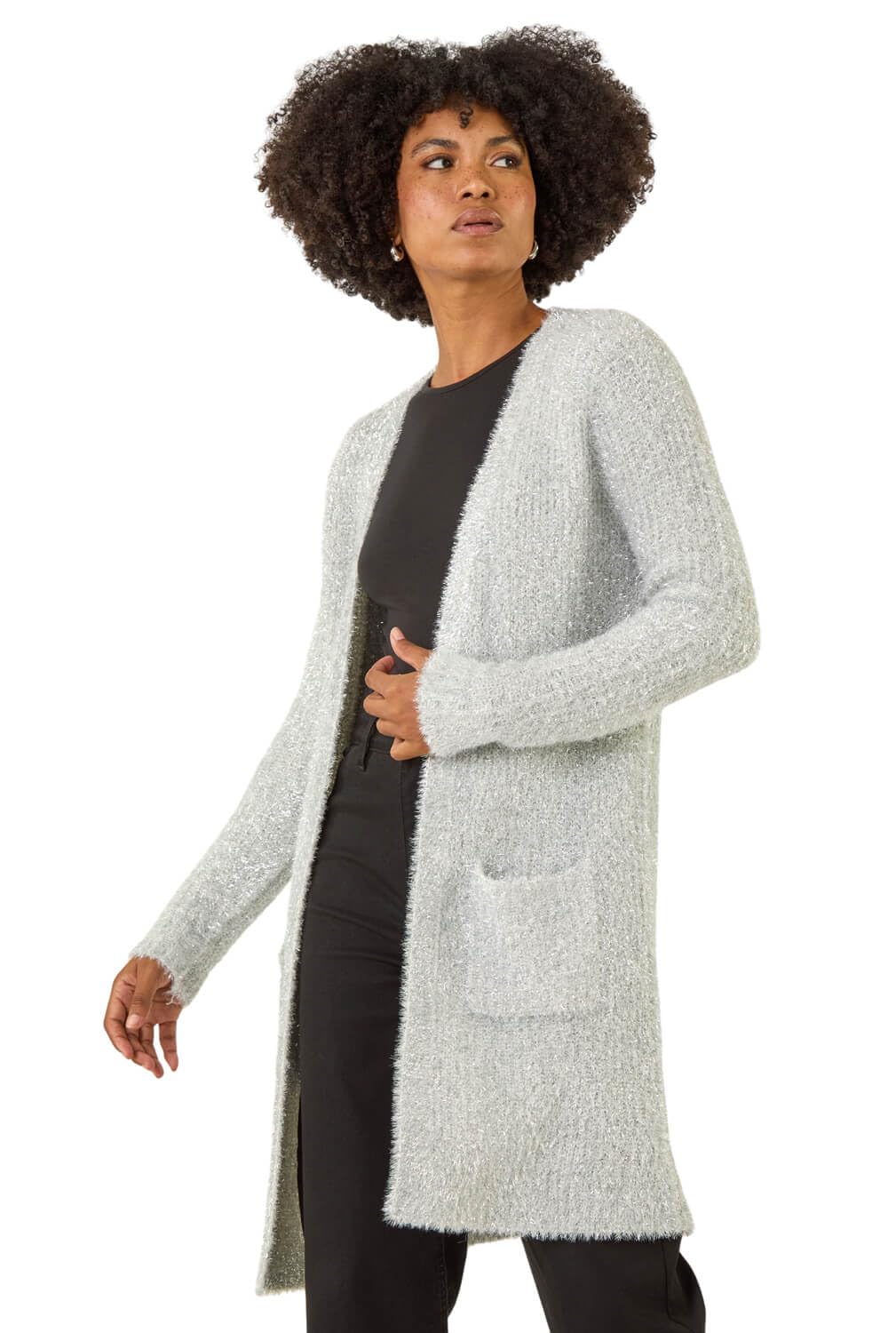 Roman Originals Women's Grey Metallic Longline Knit Cardigan For Uk - Everyday Autumn Winter Comfy Soft Evening Vacation Work Party Night Out - Silver - Size 14