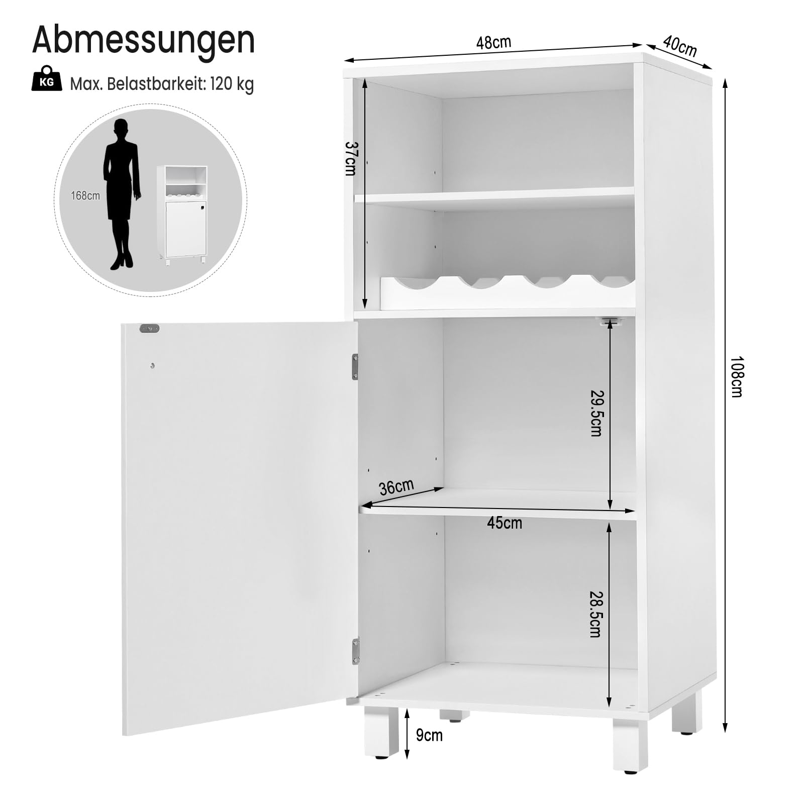WOLTU Aparador Auxiliar de Cocina, Armario de Salon, con Botellero de Vino y Puerta, Mueble Blanco de Almacenamiento, 48x40x108 cm