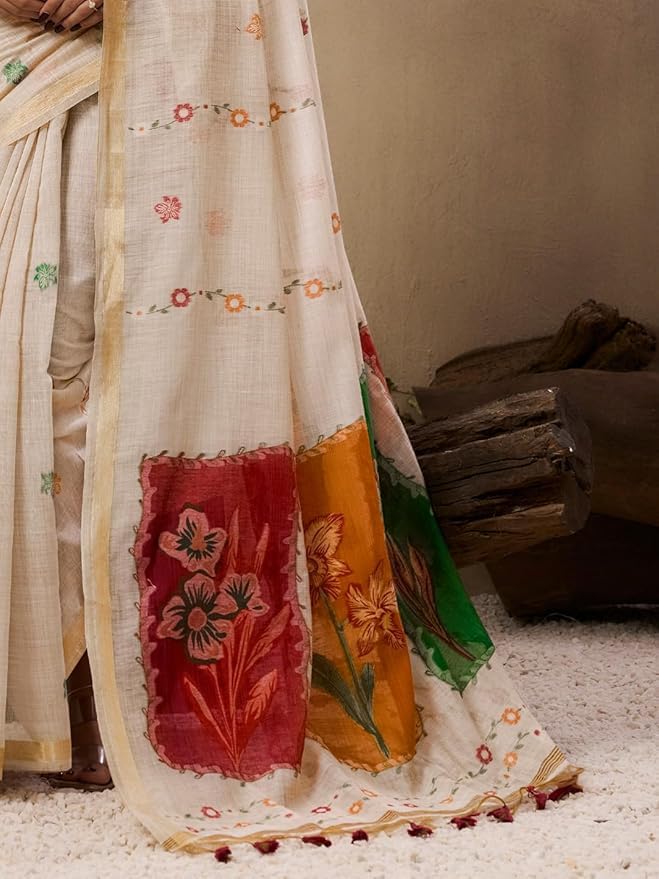 Image of SGF11 Women's Soft Cotton Linen Silk Saree With Unstitched Blouse Piece