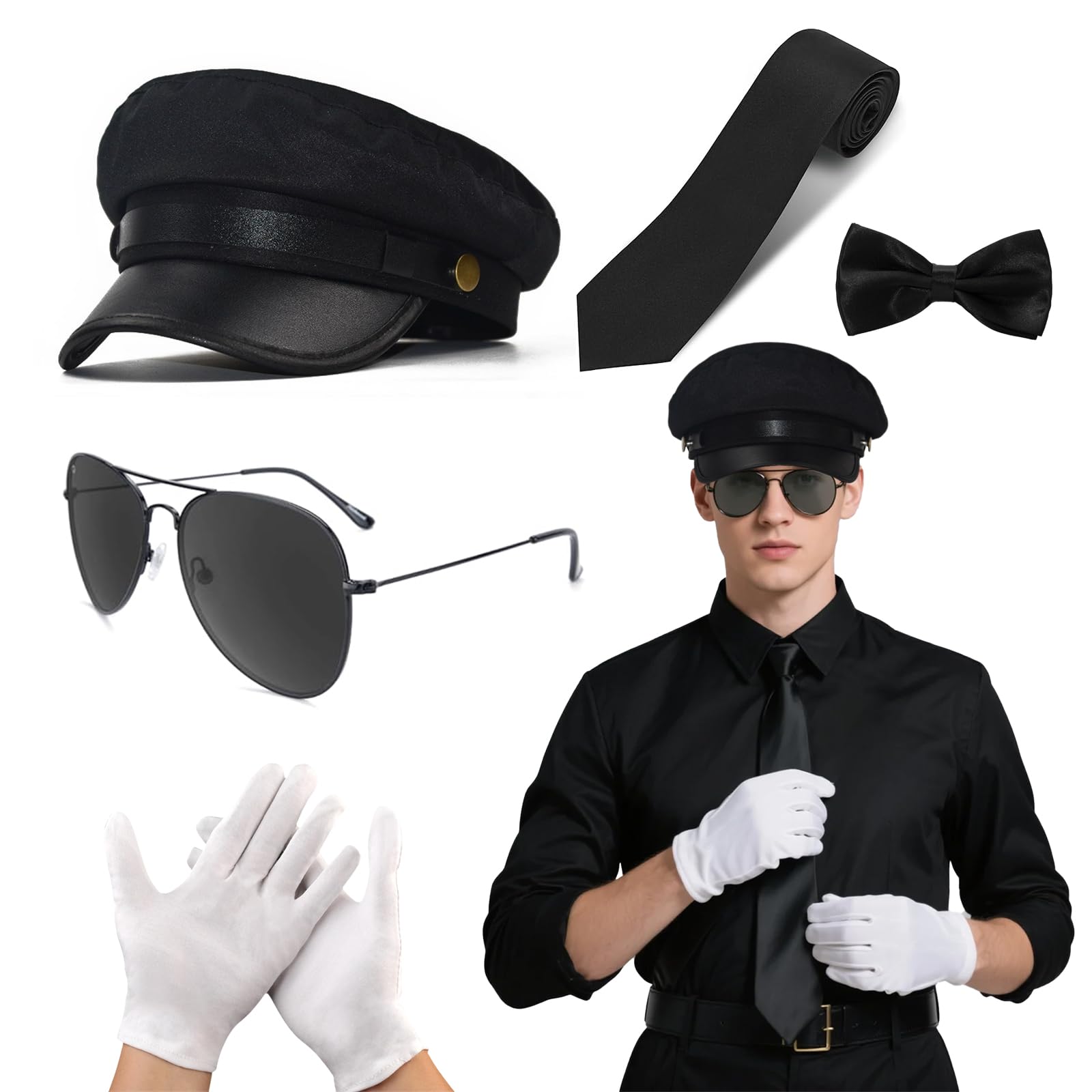 SNBUHA 5 Pcs Chauffeur Costume Accessories Set, Limo Taxi Driver Hat, Sunglasses, White Gloves, bowtie, tie, 1980s Gangster Biker Costume Accessories for Cosplay Theme Party