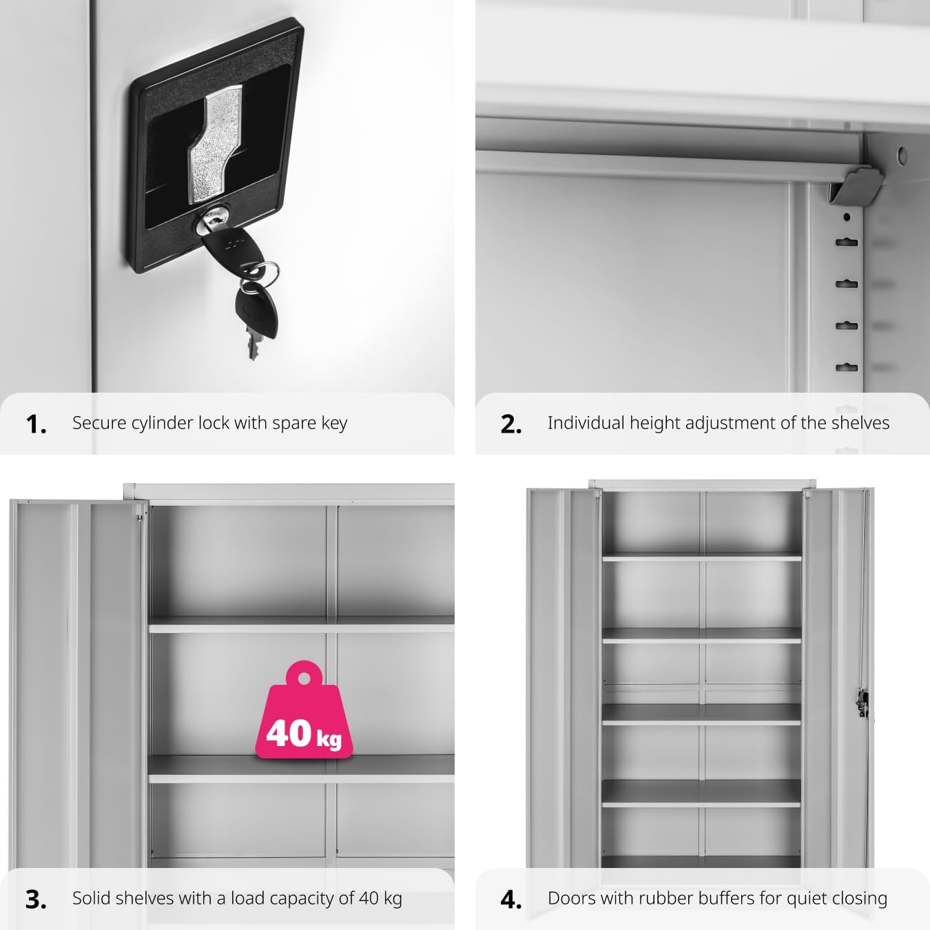 Four detailed images showing the features of the TecTake storage unit: 1. Secure cylinder lock with spare key. 2. Individual height adjustment of the shelves. 3. Solid shelves with a load capacity of 40 kg. 4. Doors with rubber buffers for quiet closing.