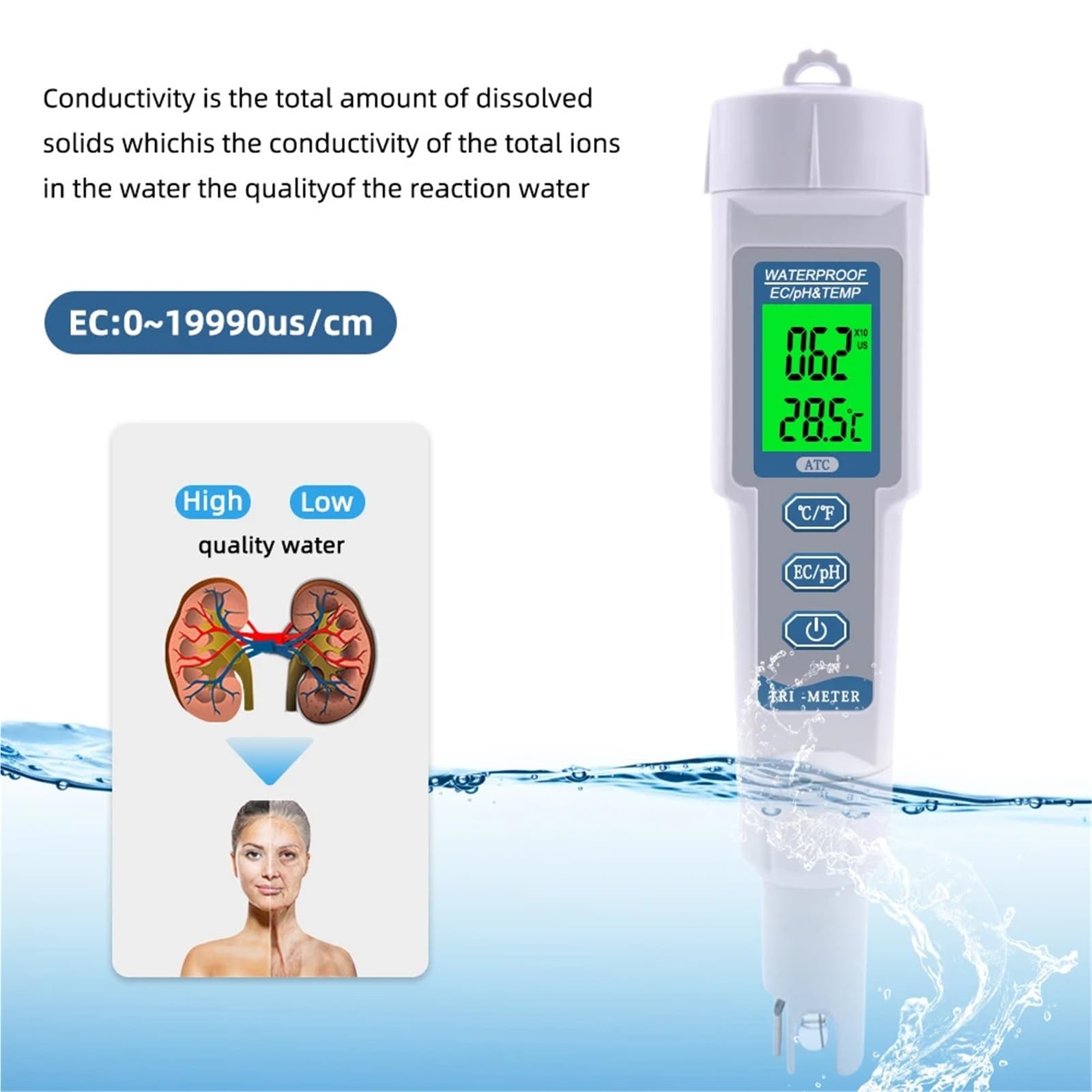 Testeur de qualité l'eau 3 en 1 multi-paramètres PH-983, stylo type PH EC TEMP, acidomètre, analyseur potable, Moniteur technique