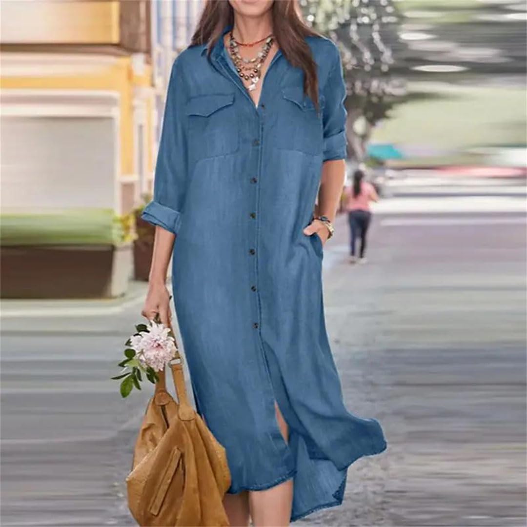 Vestido camisero de mezclilla de gran tamaño para mujer, vestido largo de manga larga para primavera y otoño