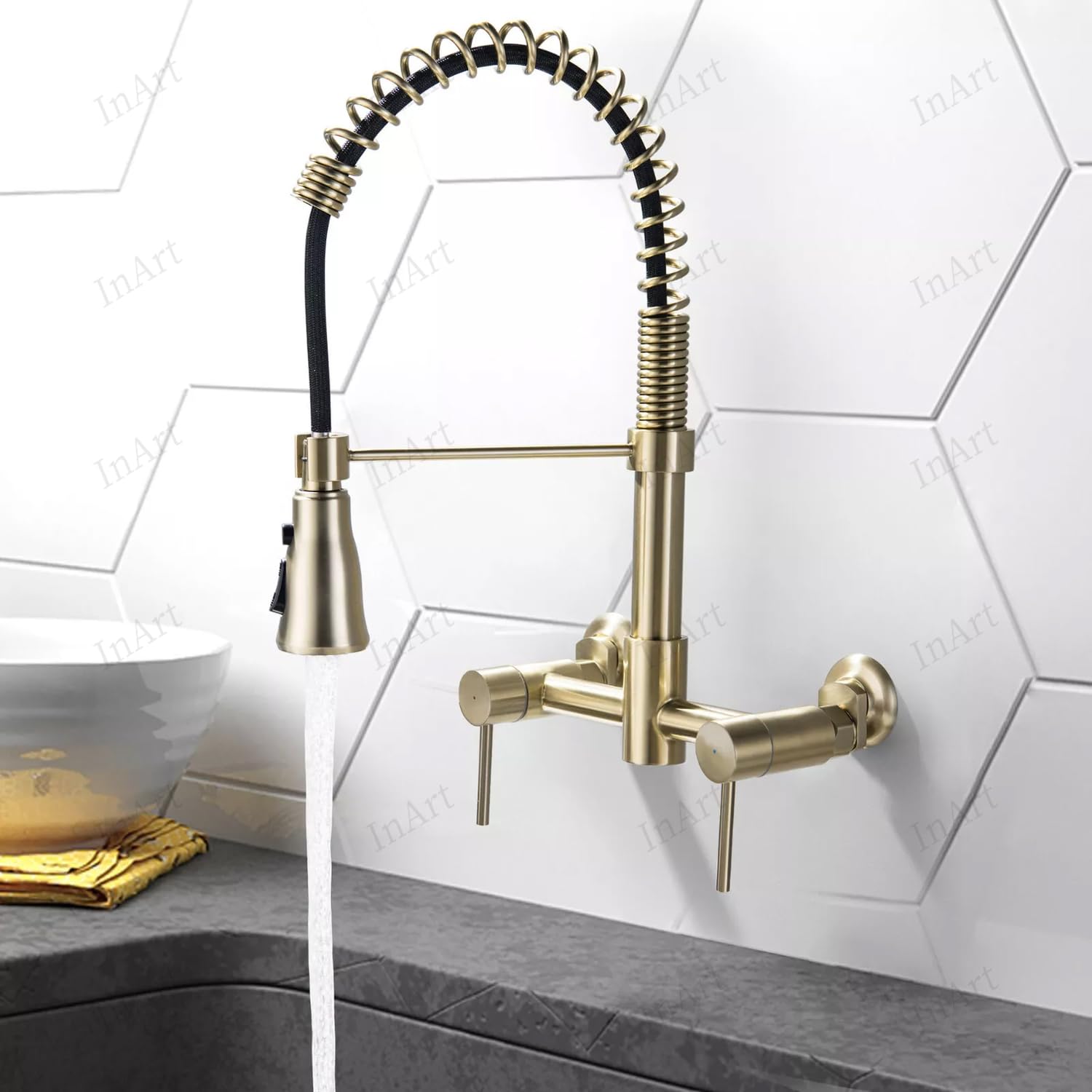 InArt Brass Wall-Mounted Kitchen Sink Mixer Tap with 360° Swivel Pull-Out Sprayer | 3 Flow Spray Head | Hot & Cold Mixer Faucet | Brushed Gold | 7 Years Warranty (B0D9RXG5M5) Amazon Price History, Amazon Price Tracker