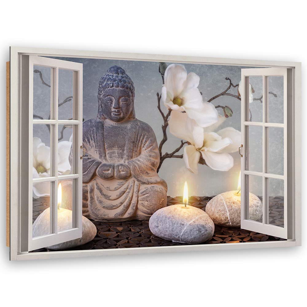 Feeby Obraz Dekoracyjny Iluzja 3d Okno 120x80 cm 1 cześciowy obraz scienny XXL Nowoczesna dekoracja do Salonu Kuchni Pokoju Budda Zen SPA Szary