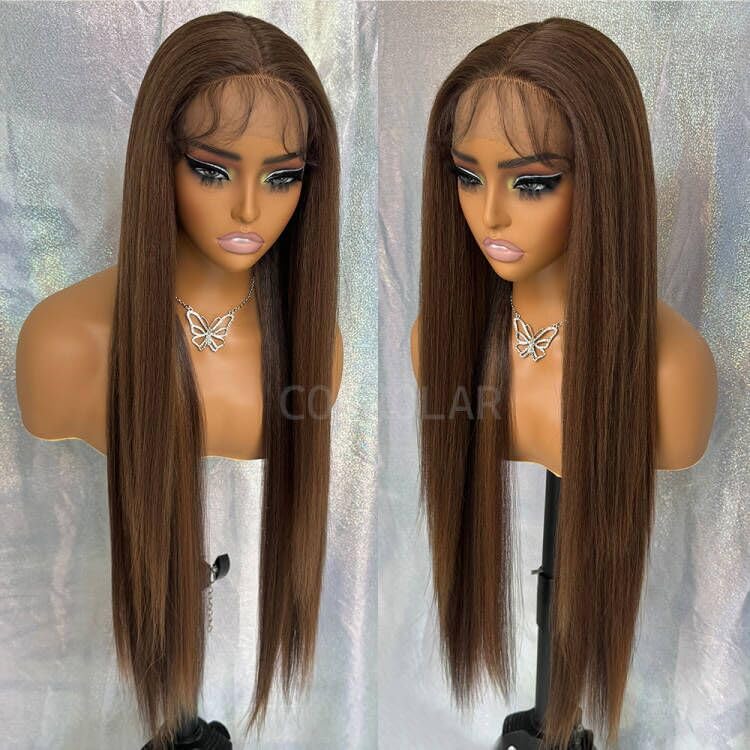 Miniatura 6 de Pelucas de encaje frontal sintético lacio marrón, sin pegamento, línea de cabello natural, con reflejos marrones, pelucas de encaje sintético marrón