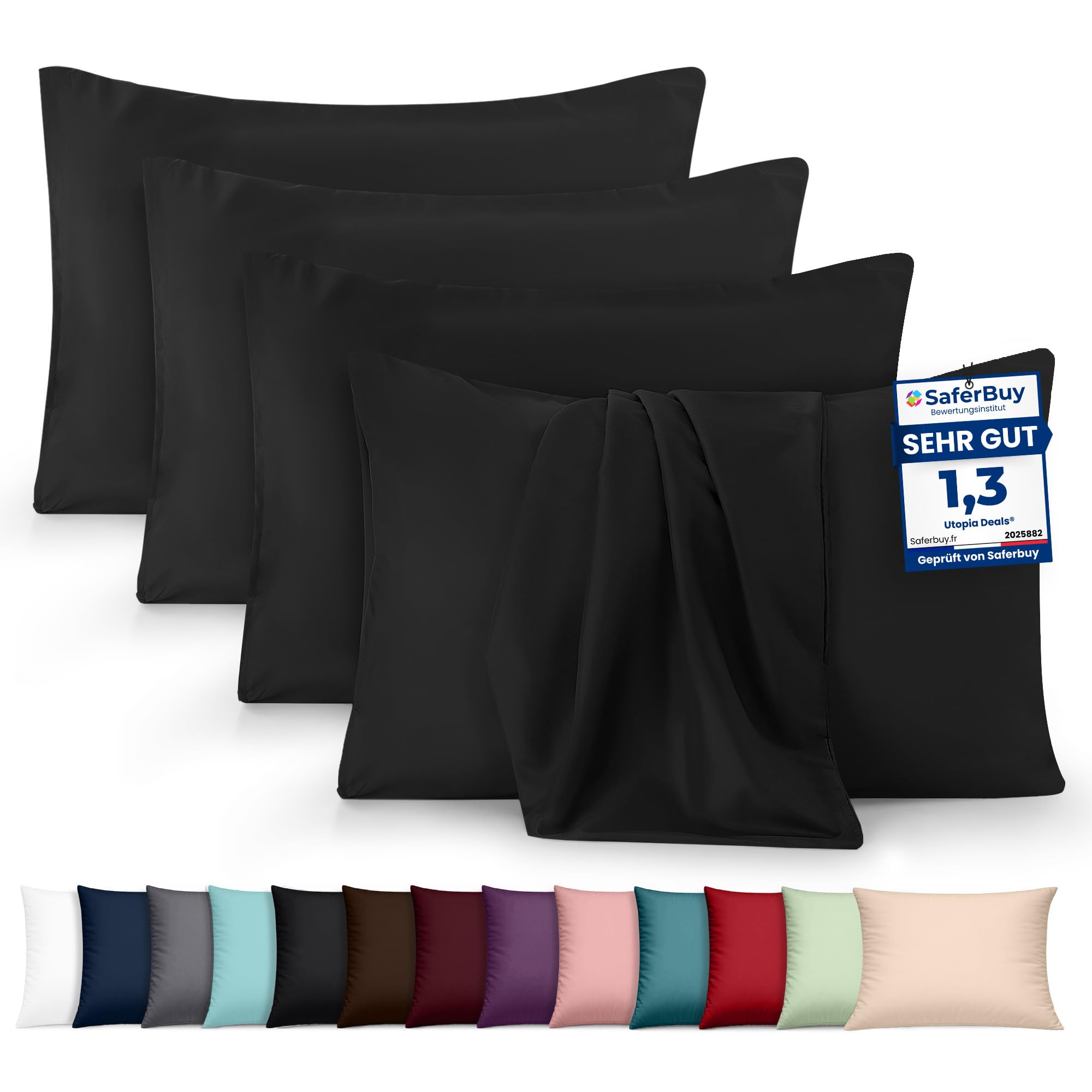 Utopia Bedding – 4er-Set Kissenbezüge – 50 x 75 cm – Oeko-TEX – Gebürstete Mikrofaser, 100% Polyester, mit Umschlagverschluss (Kissenfüllung Nicht enthalten), nur Kissenbezug – Schwarz