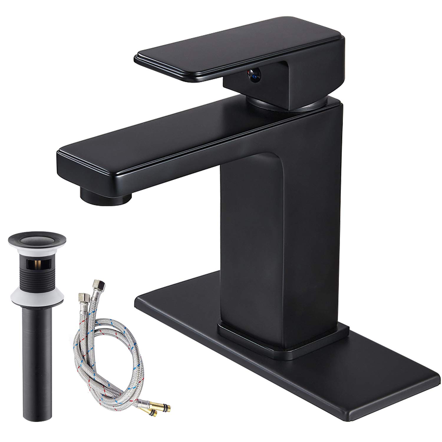 Midanya Matte Black Bathroom Sink Faucet 1 Hole Single Handle Deck Mount Lavatory Mixer Tap Include Pop Up Drain with Overflow One Lever Commercial