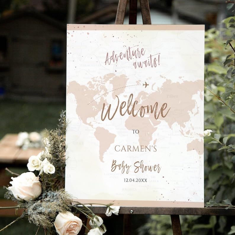 Letrero de bienvenida de Adventure Awaits Baby Shower Adventure Baby Shower Mapa del mundo Viaje Baby Shower Bienvenido Póster de bienvenida de