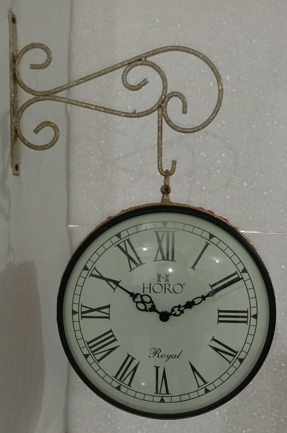 HORO 10" Inch Mosaique Station Clock Round Metal Case with Golden Color & Red Moti pasting,Roman & Alphabetical dial Both Sides Wall Clock Dimension 24X24X13cm