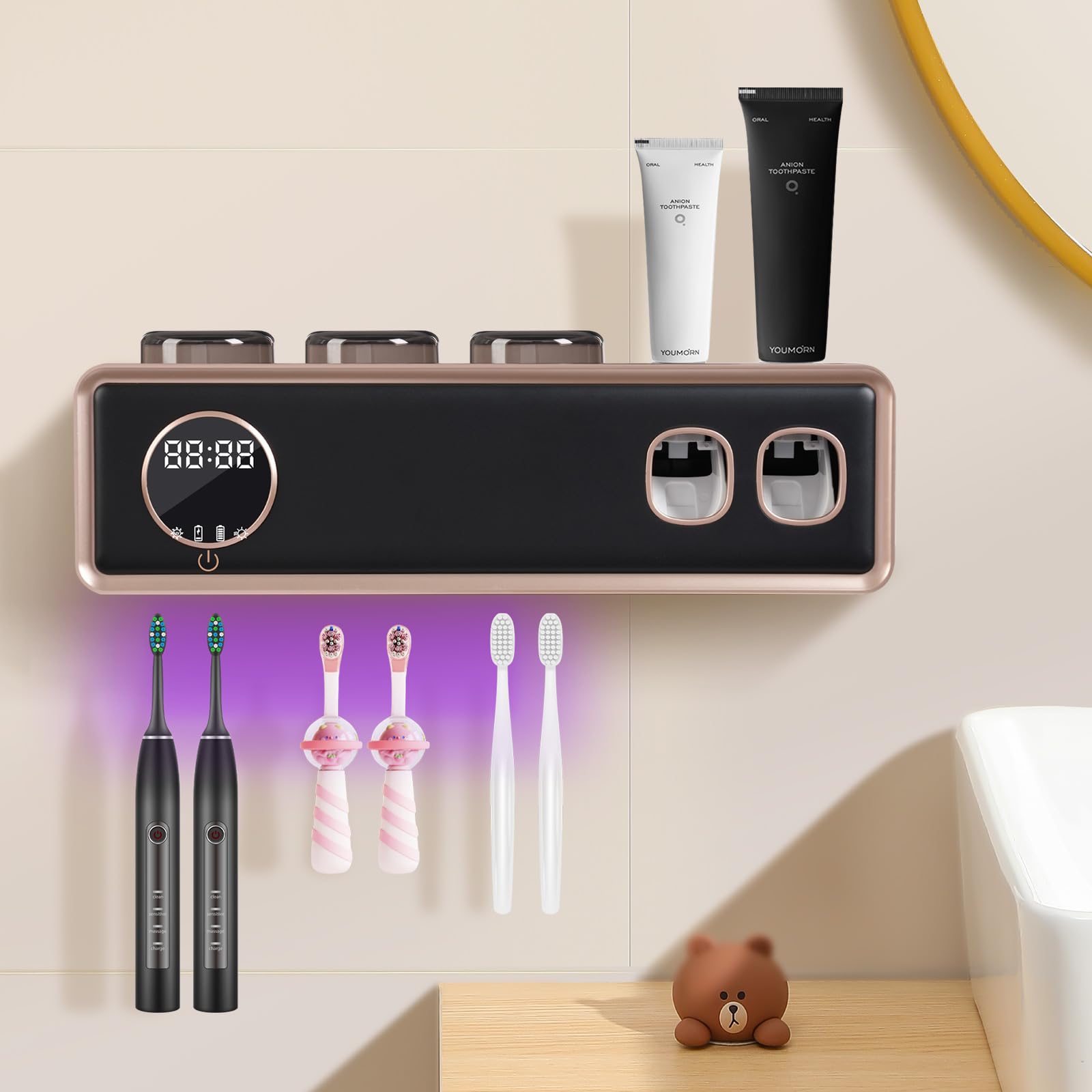 Cepillo de dientes desinfectante UV, soporte para cepillo de dientes con indicador LED, montaje en pared, dispensador de pasta de dientes, recargable por USB, 30 días con una sola carga (negro)