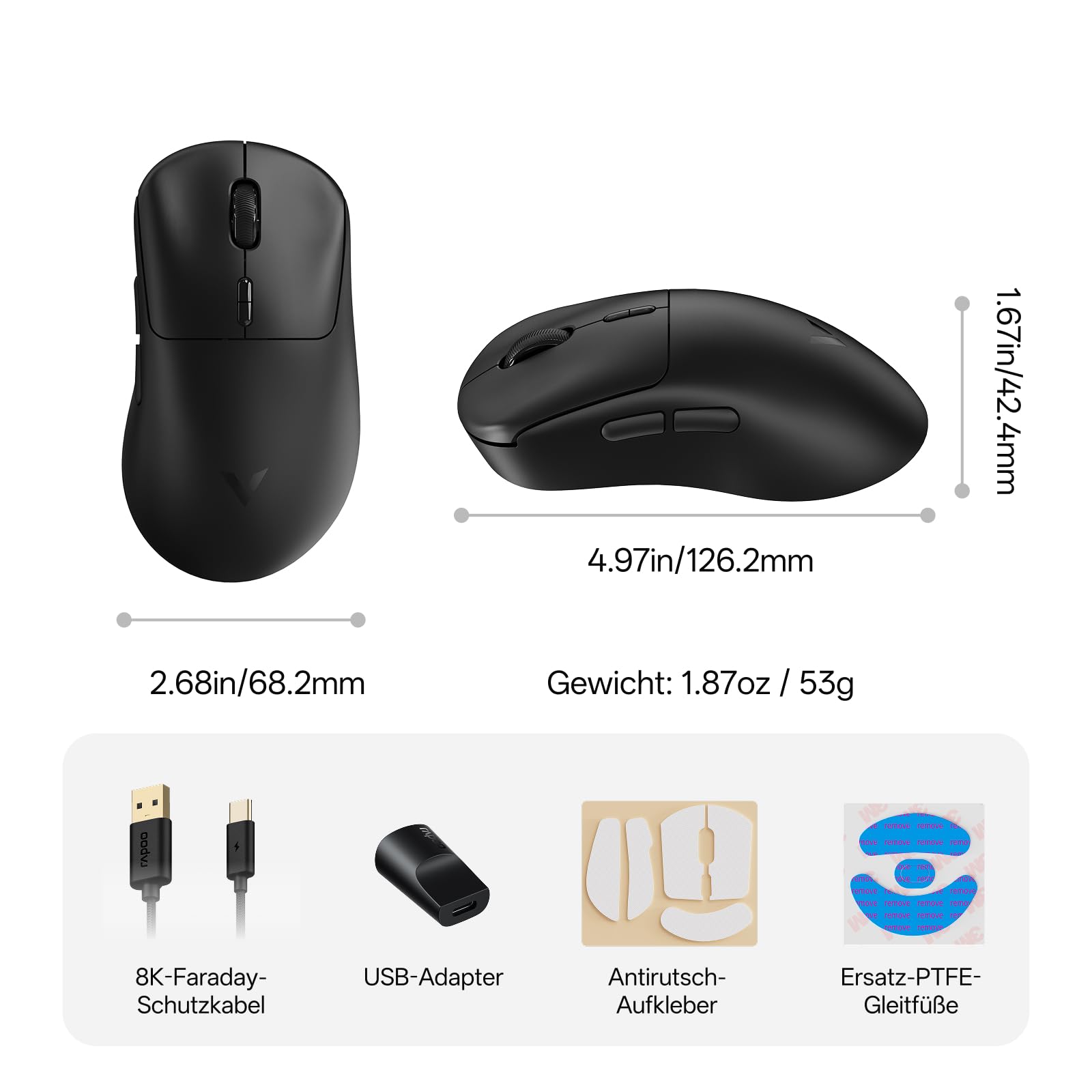 Rapoo VT3 Gen-2 - Mouse da gioco senza fili con velocità di interrogazione reale 8000 Hz, 26 K DPI, 53 g, ultra leggero, 750 ore, Nordic nRF54L15 MCU, 100 milioni di interruttori meccanici, 10 tasti