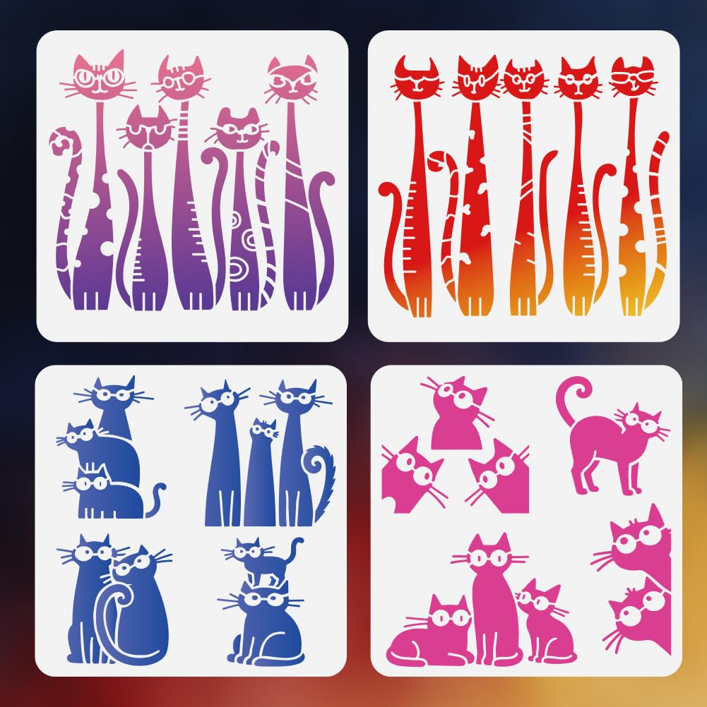 DOODLREAM 4Pcs Abstract Cat Stencils for Painting, 30x30cm Reusable Cute Kitty Crafts Templates, Cartoon Animal Stencils for Drawing on Furniture Wall Floor Fabric DIY Decoration