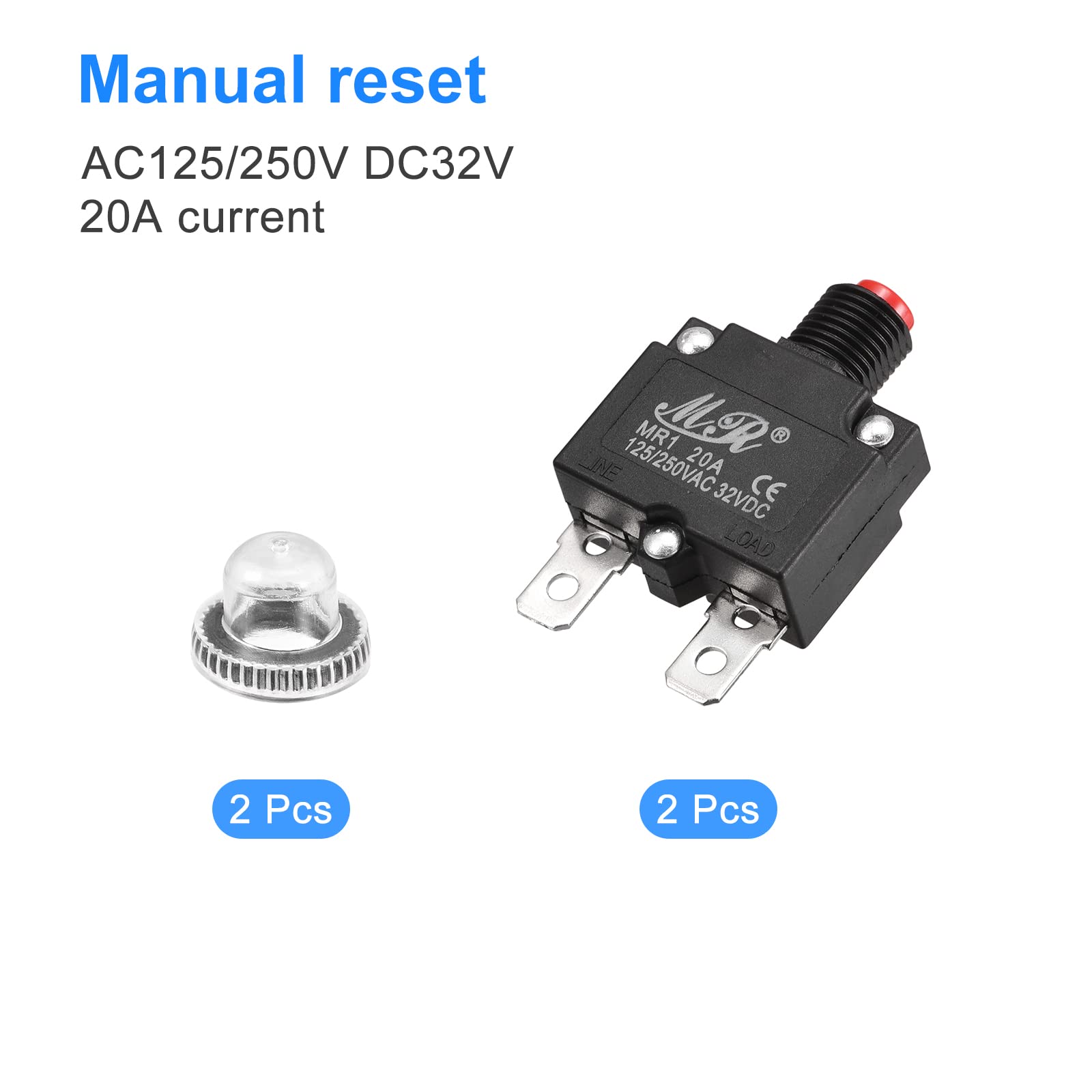 MECCANIXITY 2-Pack 20A Push Button Circuit Breaker | 125/250V AC 32V DC Manual Reset Thermal Overload Protector