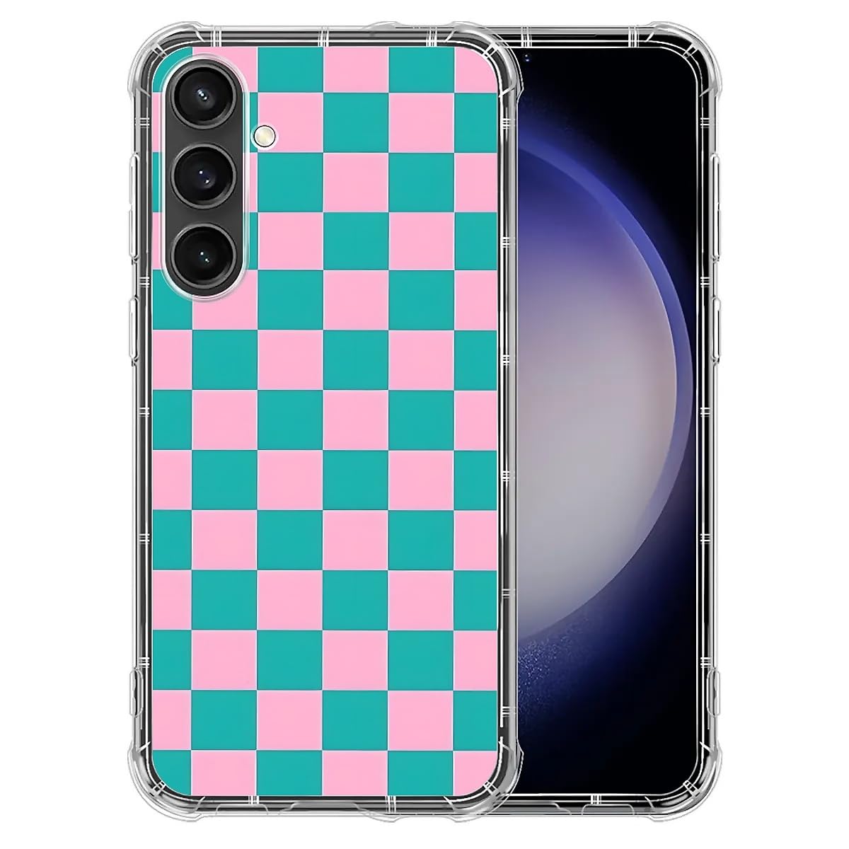 DAIZAG Clear Case Compatible with Samsung Galaxy S24,Pink Green Checkerboard Cute Soft Silicone Floral Print,Clear Protective Cover