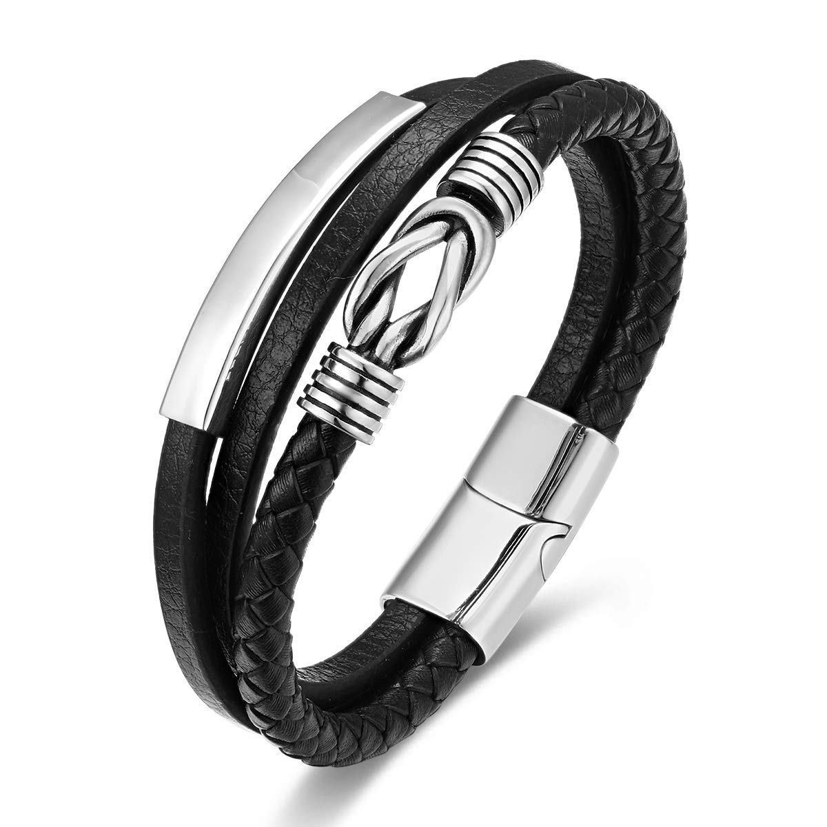 BIYONGDE Mens Braided Black Leather Bracelet with Vintage Silver Love Knot Accent, Multi-Strand Forever Love Symbol, Classic and Urban Style