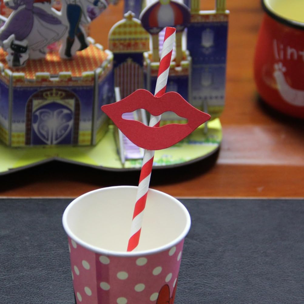 Beaupretty10PCS Red Stripes Drinking Straws Red Lip Paper Straws Long Paper Straws Valentine's Day Party Supplies Props Cocktail - Image 2