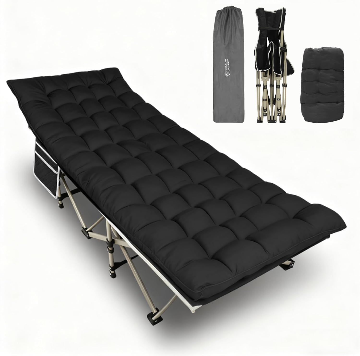 YELLOW JACKET Folding Camping Cot for Adults,600LBS Max Load,28" Wide Sleeping Cot with Removable Thick Mattress Portable Foldable Camping Bed with Carry Bag for Camp,Home,Office,Travel,Black