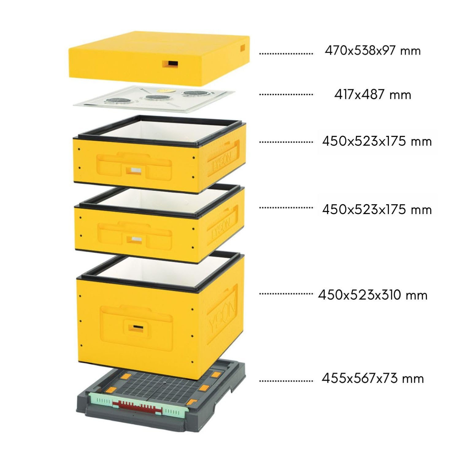 LYSON Bienenbeute Styropor Dadantbeute Dadant Blatt Beute OPTIMA Bienenstock-Set mit niedrigem Varroa-Kunststoffboden (GELB) für die Selbstmontage (Passende Rahmen:47×43,5x30cm;47×43,5x15,9cm)