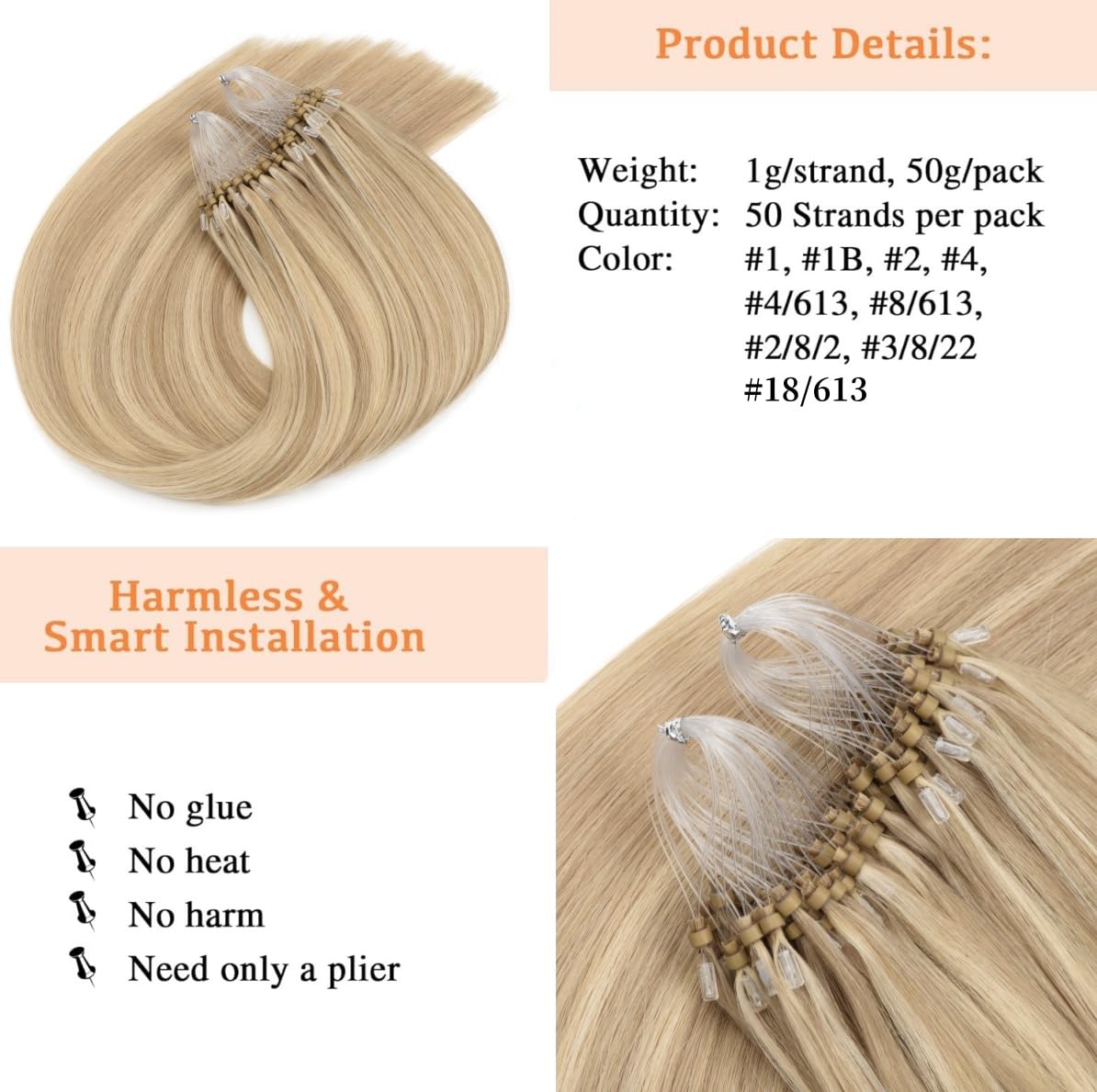 Kun Na Micro Loop Hair Extensions Real Human Hair Bleach Blonde with Ash Blonde Multi-Colours Remy Straight Micro Beads Hair Extensions 50g/pack(24 inch - Image 2