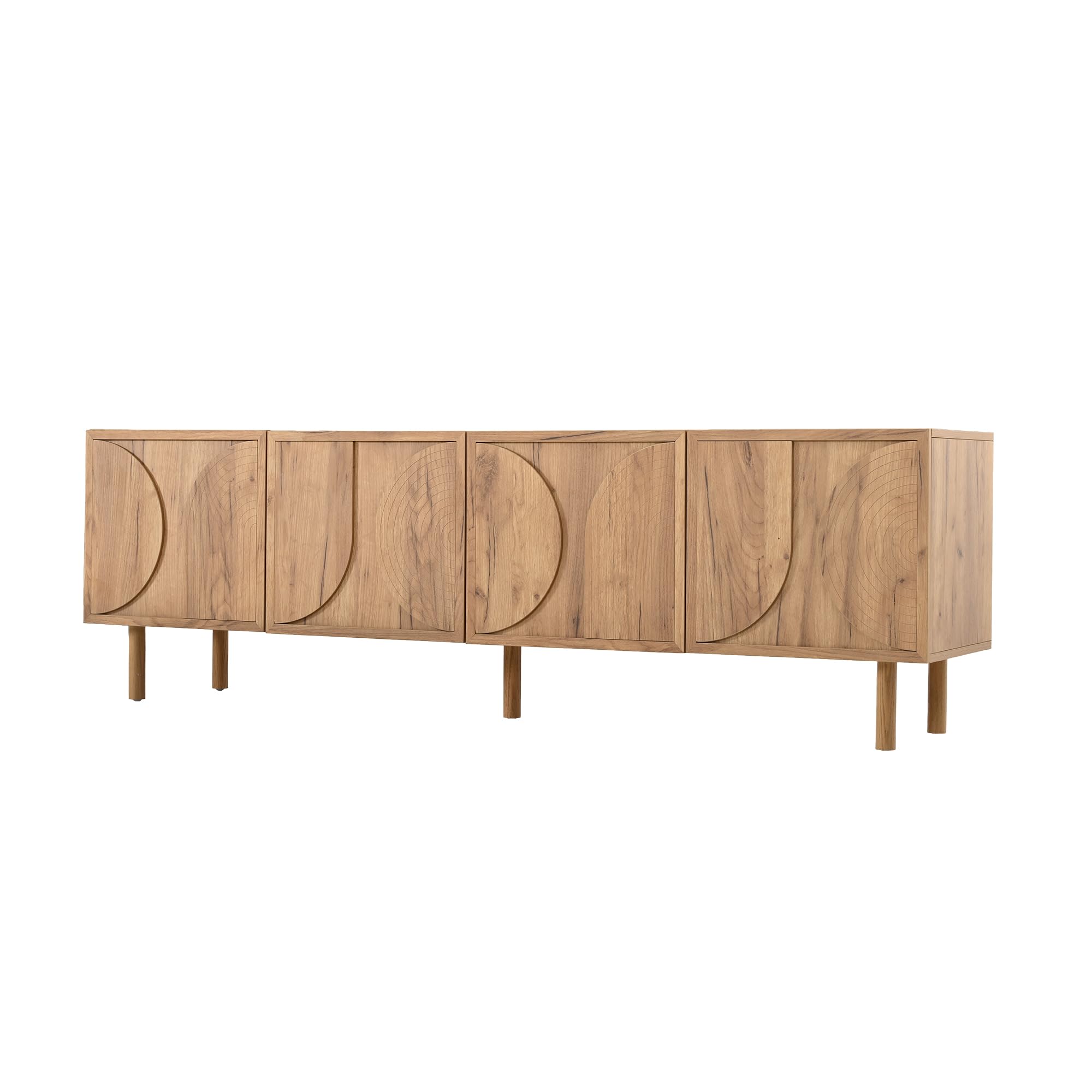 Mobile TV da 180 cm, mobile TV per TV da 75 pollici, mobile basso con 4 ante, 2 scomparti, moderno mobile TV con ampio spazio per soggiorno, design 3D in rilievo, colore legno, naturale