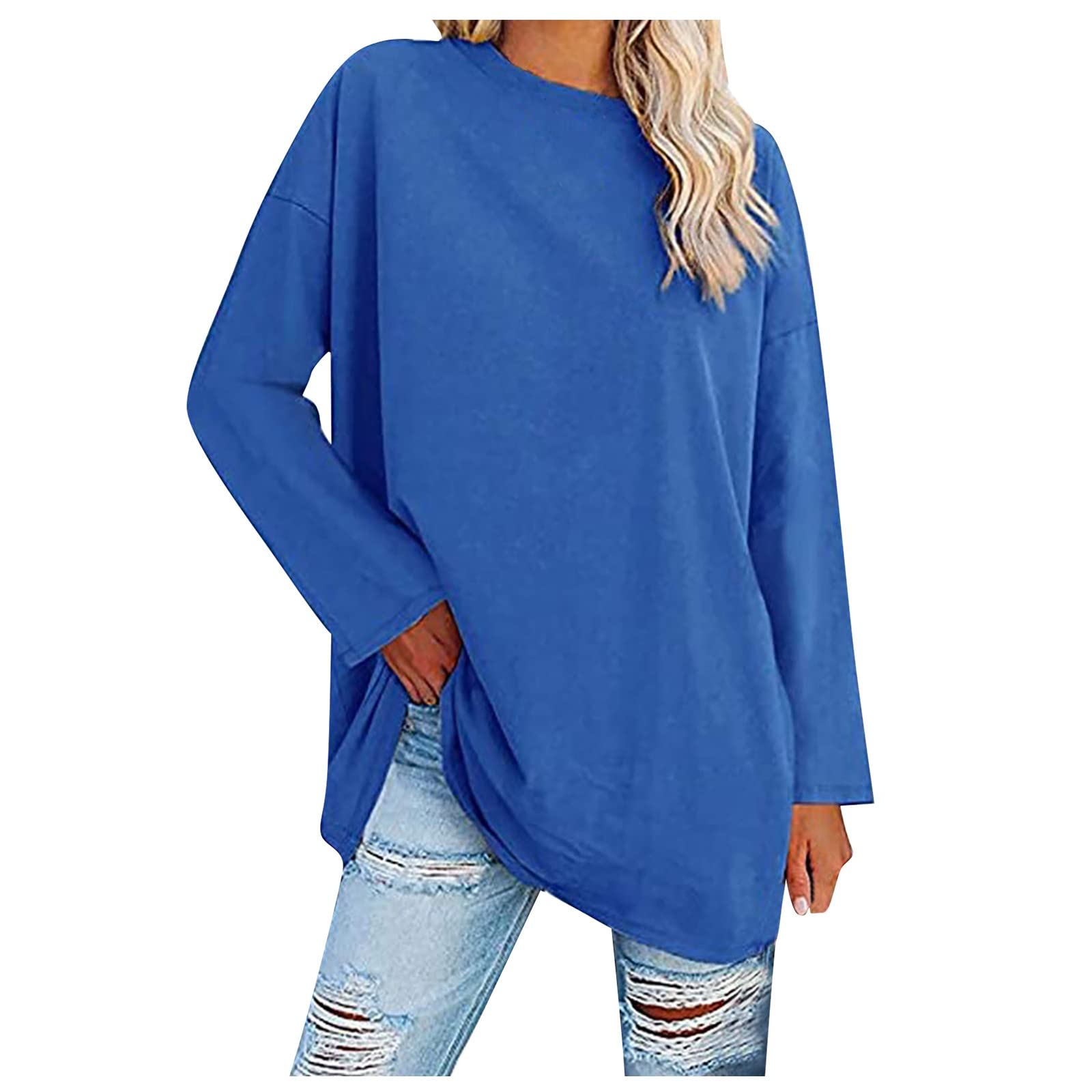 GenericRMXEi Womens Solid Color Loose Drop Shoulder Sleeve V-Neck Long Sleeve Top