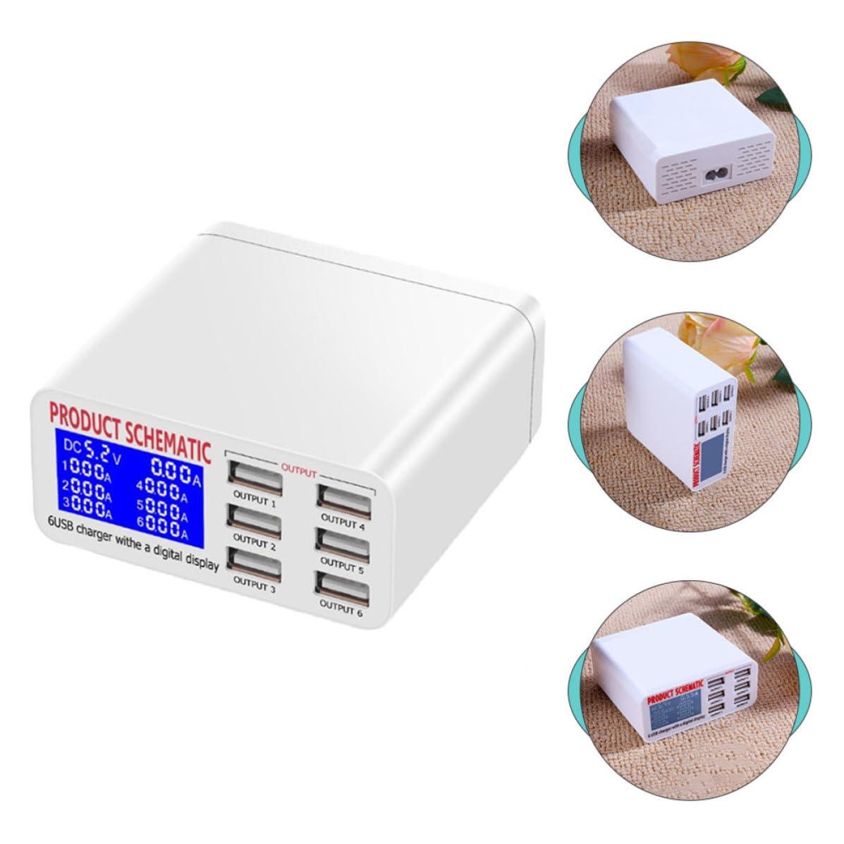 Stazione di Ricarica USB Multipla 40w Display Lcd 6 Porte | Protezione da Sovratensione e Dispersione, Abs e Pc, Bianco, Mostra Tensione