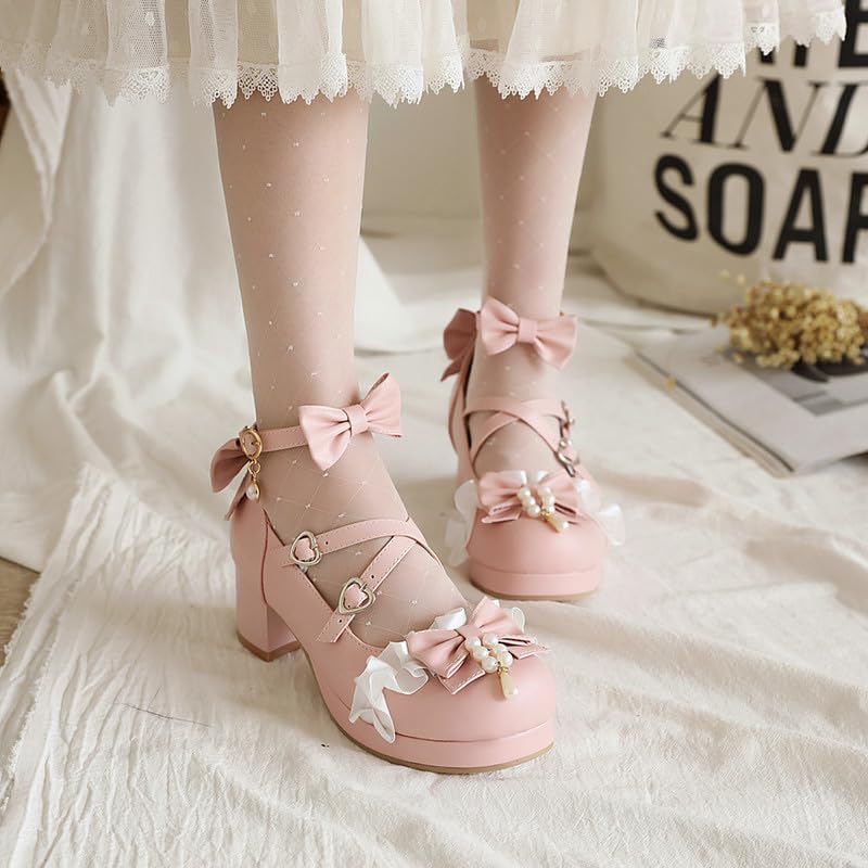 SEIFIN Women Lolita Cosplay Shoes Kawaii Mid Block Heel Mary Jane Cute Pearl Chunky Heels Platform Heels for Women Cross-Tied Round Toe Ankle Strap Sweet Shoes3