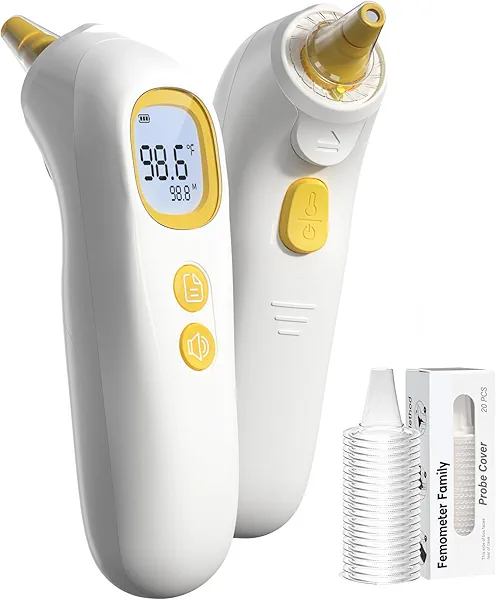 Ear Thermometer, Highly Accurate Thermometer for Kids, Adults and Toddlers, 32 Memory Recall, 1s Fast, 3 Color Fever Alarm with Mute Mode, 21 Disposable Probe Covers