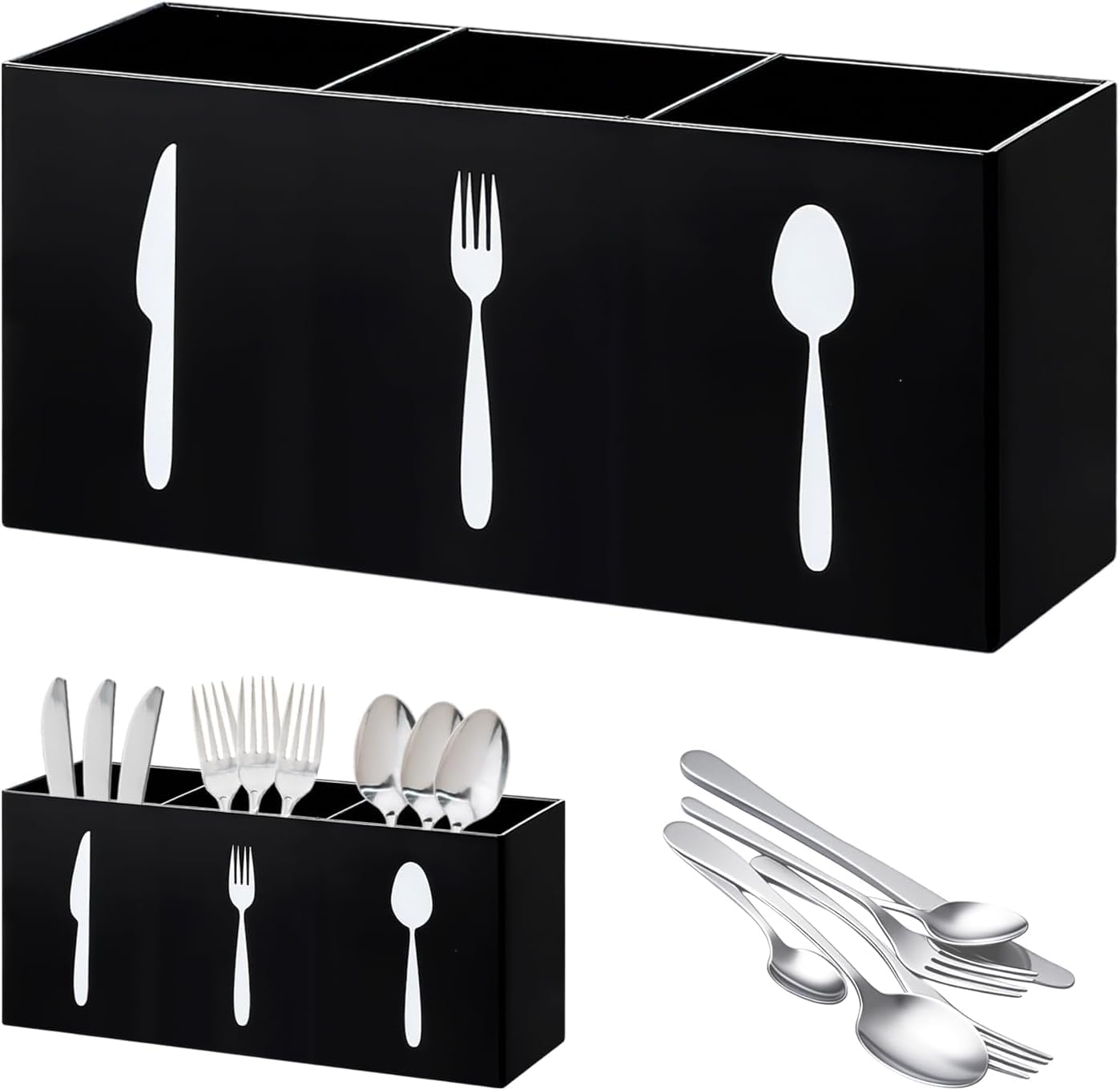 DIYJEP Kitchen Utensils Holder, 3 Compartment Cutlery Organiser(Black)
