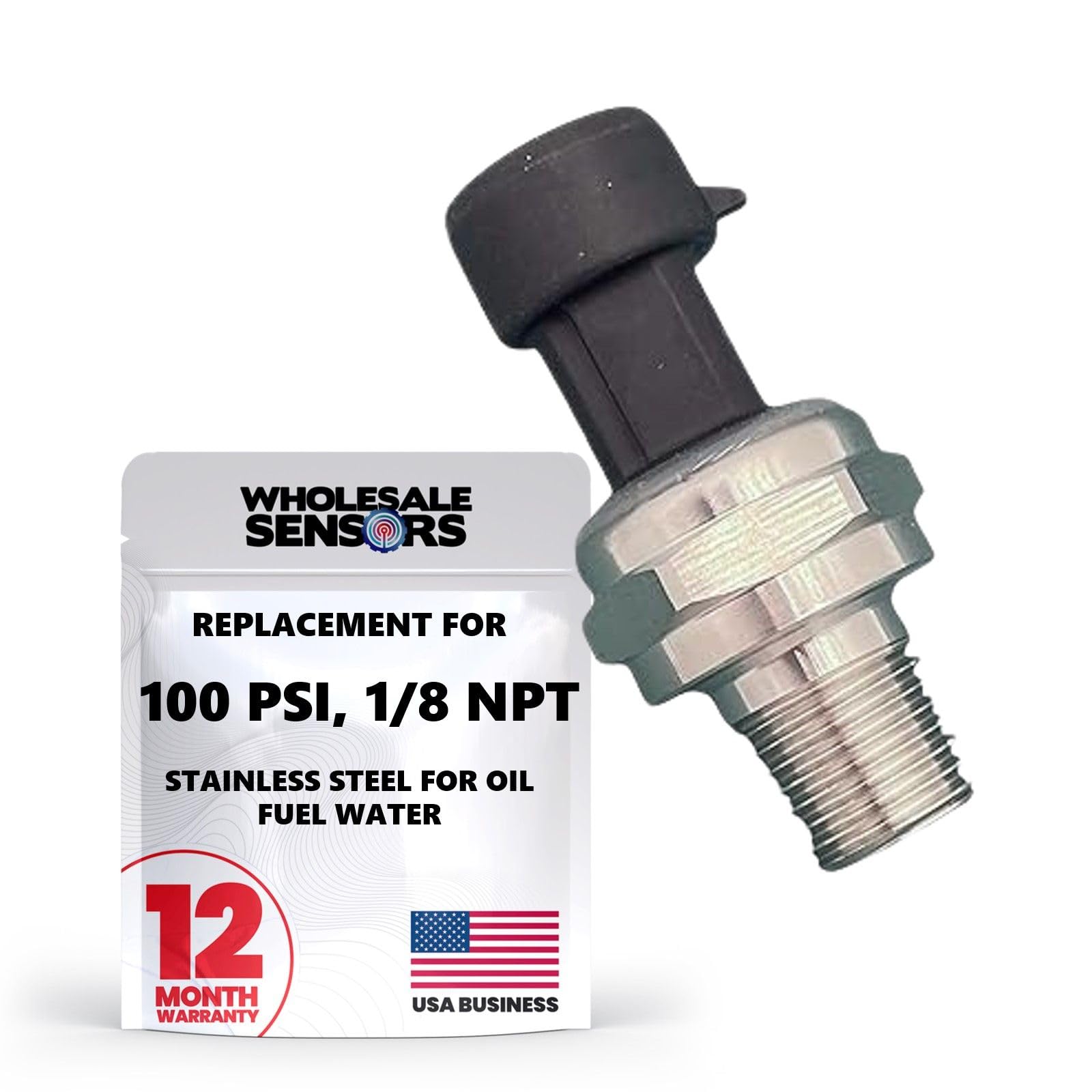 100 PSI Pressure Transducer Sensor 125C 1/8" NPT Stainless Steel for Oil Fuel Water Air 12 Month Warranty