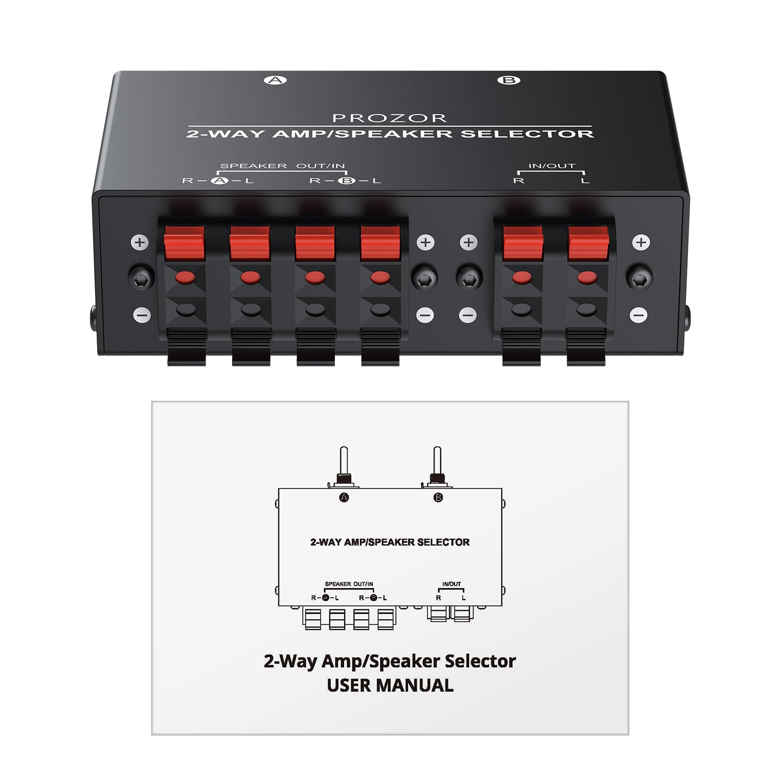PROZOR Lautsprecherwahlschalter mit 2 Zonen, passiver Verstärkerschalter, Schaltbox für 1/2 Paar Lautsprecher mit unabhängiger Steuerung, 150 W RMS pro K, Federklemmen, Schwarz