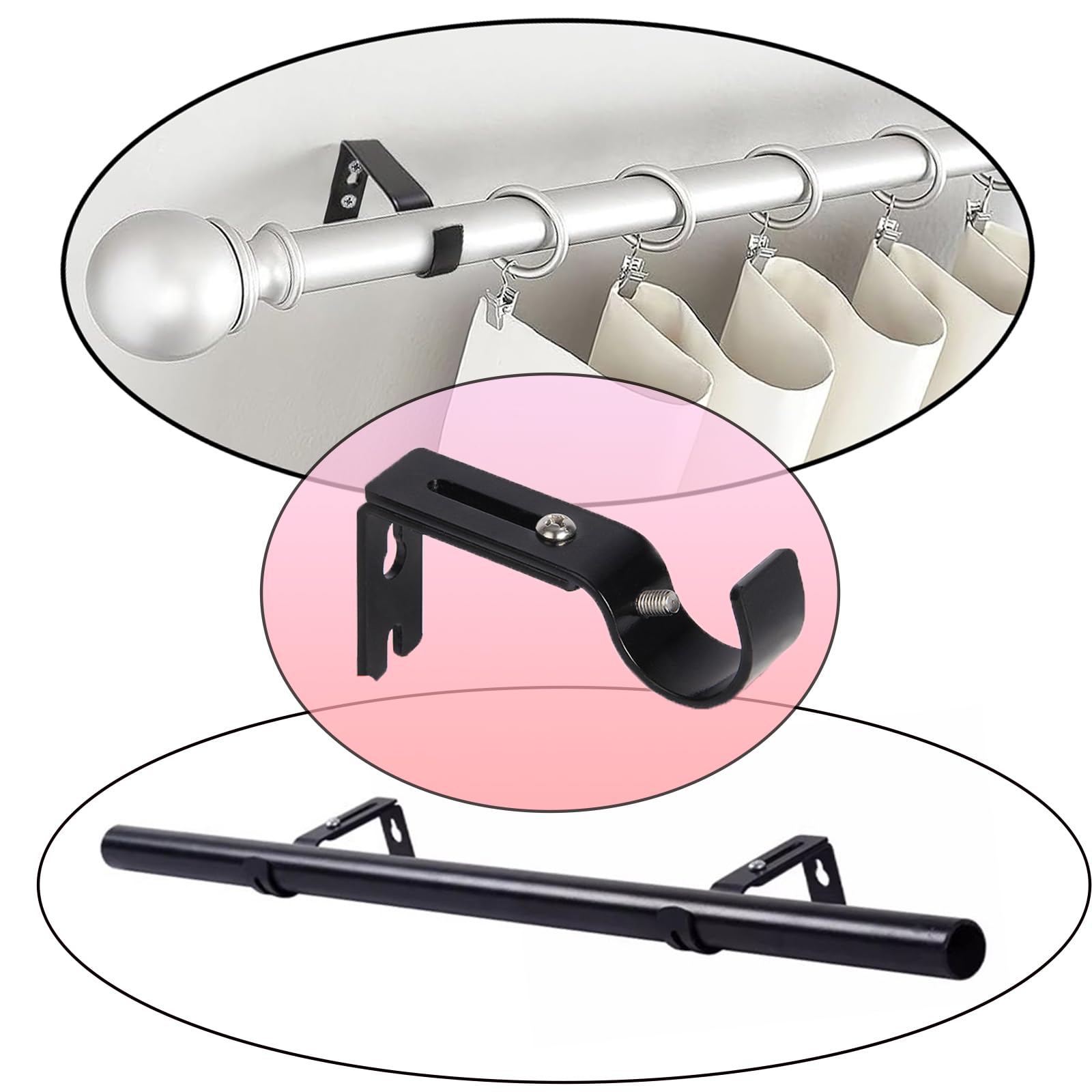 Kowibcl Staffe Metalliche Per Aste Tende Doppie - Set Da 3 Supporti Regolabili, Resistenti, Per Aste Fino A 2,5 Cm, Colore Nero, Con Kit Di Montaggio - 2
