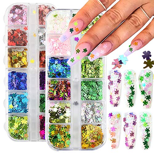 Shamrock Nail Art Sticker Decals Nail Sequin for St. Patrick's Day, 2 Boxes Shamrock Clover Shiny 3D Nail Art Supplies F