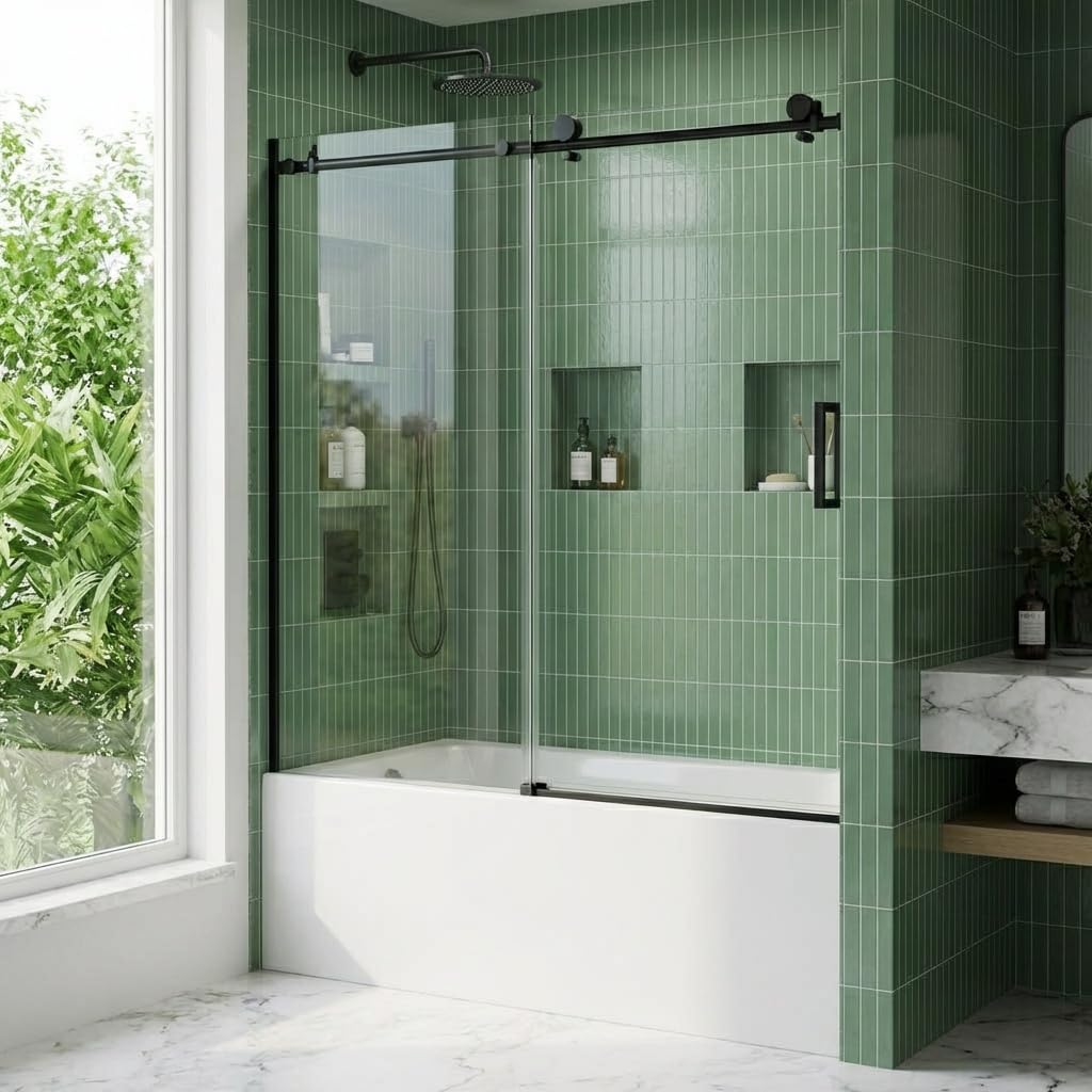 56-60" W x 59" H Frameless Sliding Shower Door, 1/4" (6mm) SGCC Tempered Glass with Explosion-Proof Film, Round Rail Design &amp; 304 Stainless Steel Hardware, Easy-Clean Matte Black Finish