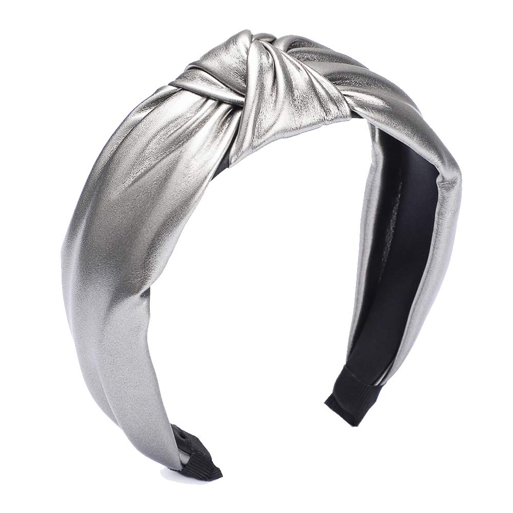 Etercycle Headband for Women, Knotted Wide Headband, Yoga Hair Band Fashion Elastic Hair Accessories for Women (PU Silver)