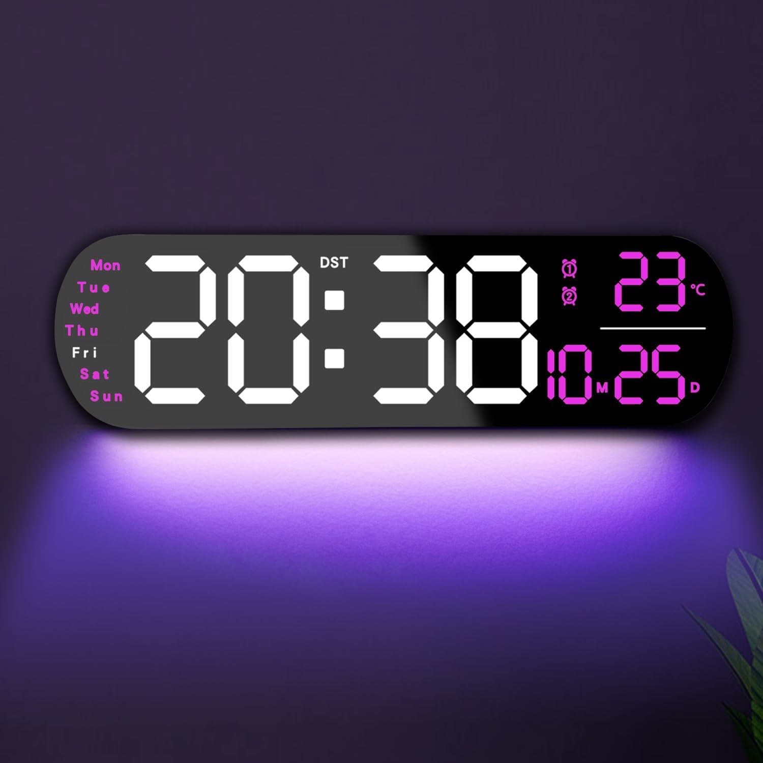 13.7" Large Digital Wall Clock – Remote Control, Dual Alarm, Big LED Display, Auto-Dimming, RGB Night Light, Auto DST – Bedroom, Living Room, Office, Purple