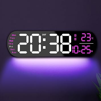 13.7" Large Digital Wall Clock Remote Control, Dual Alarm, Big LED Display, Auto-Dimming, RGB Night Light, Auto DST Bedroom, Living Room, Office, Purple